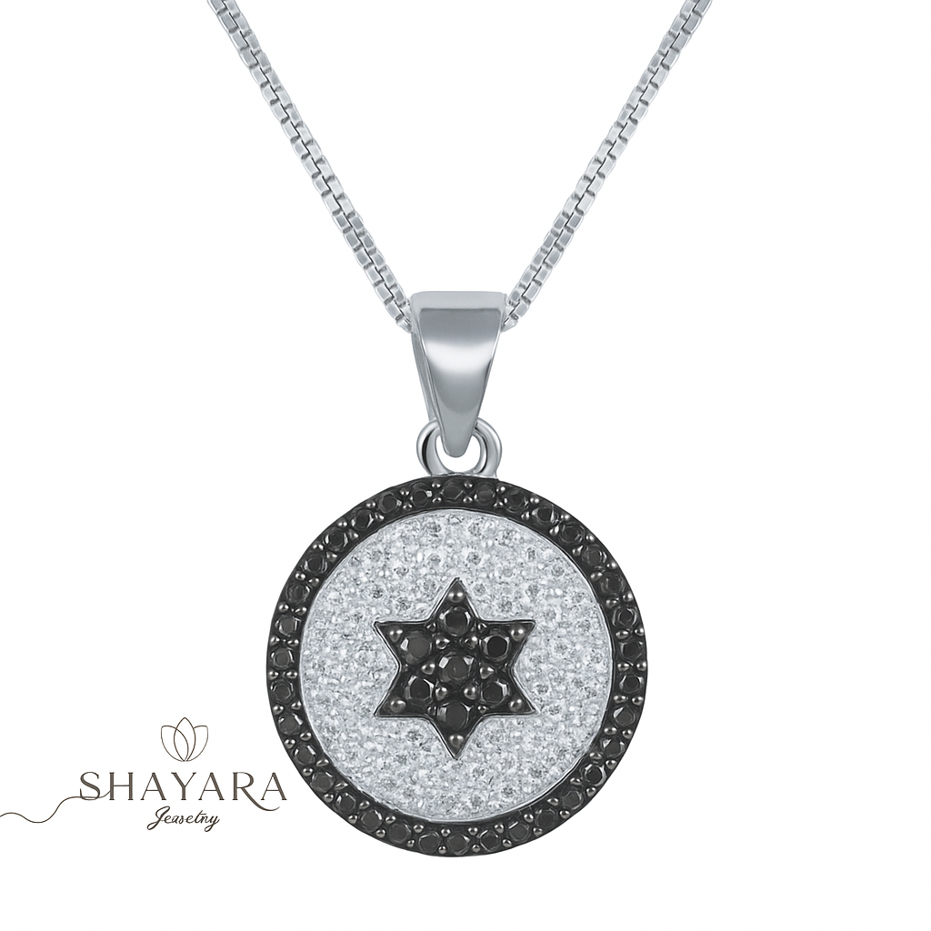 שרשרת תליון עגול משובץ מגן דוד בשחור ולבן