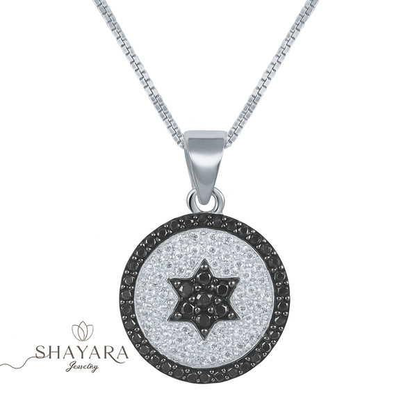 שרשרת תליון עגול משובץ מגן דוד בשחור ולבן