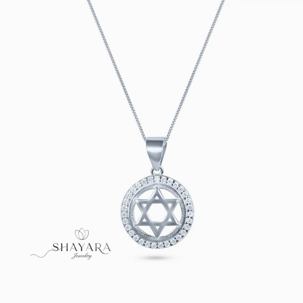 שרשרת כסף סטרלינג 925 עם תליון מגן דוד משובץ באבני זרקון מבריקות בעיצוב אלגנטי